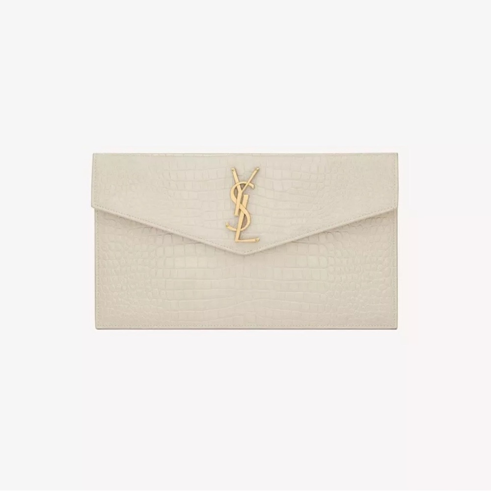 Saint Laurent, Uptown Pouch in Crocodile-Embossed Shiny Leather, Crema Soft